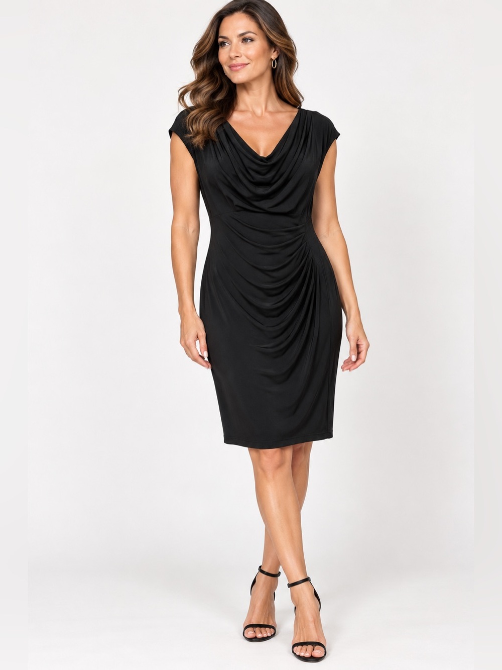 Lauren Ralph Lauren Cowl Neck Ruched Black Sheath Dress Size 14